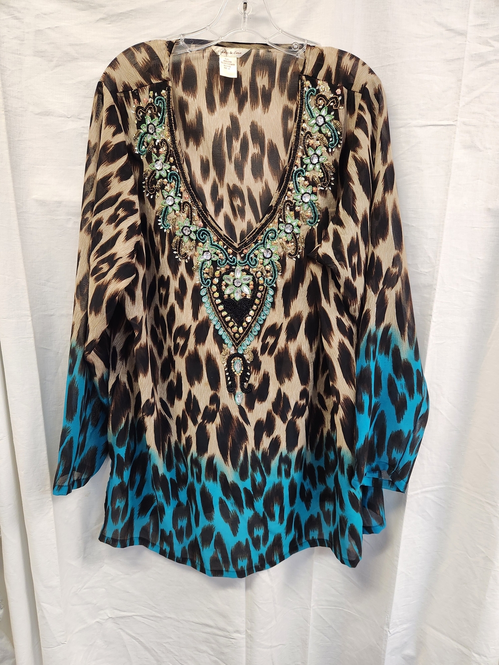 Embellished Leopard Print V-Neck Blouse in Beige and Teal